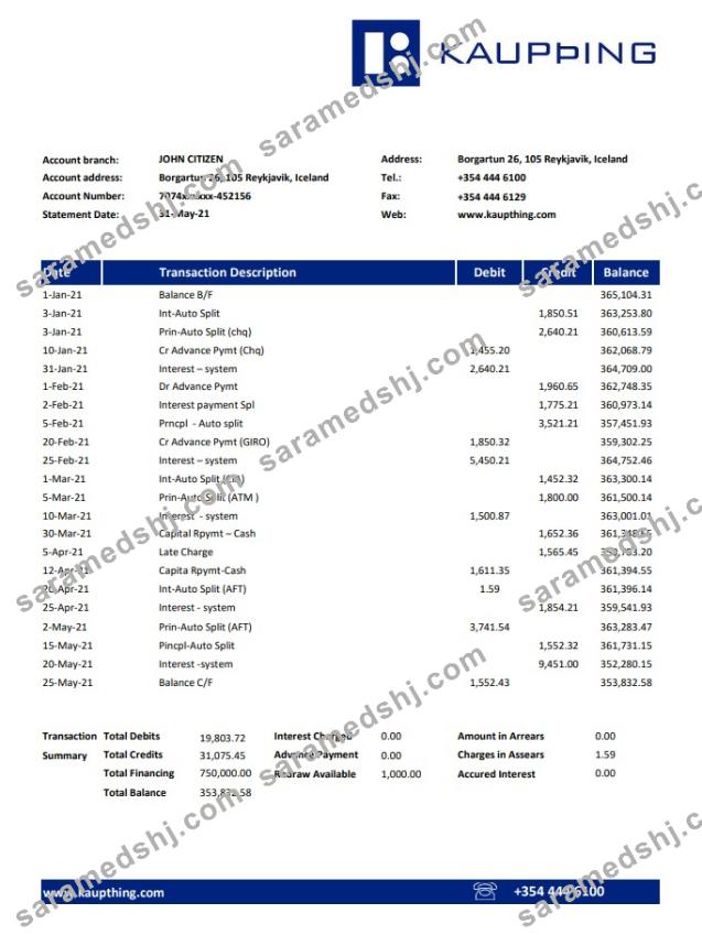Iceland Kaupthing Bank statement easy to fill template in Excel and PDF format